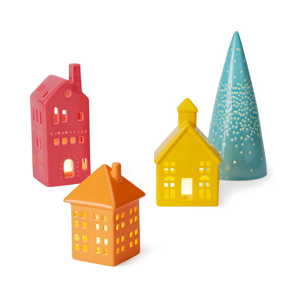 LED Lighted Colorful Ceramic Modern Village – Set of 4
