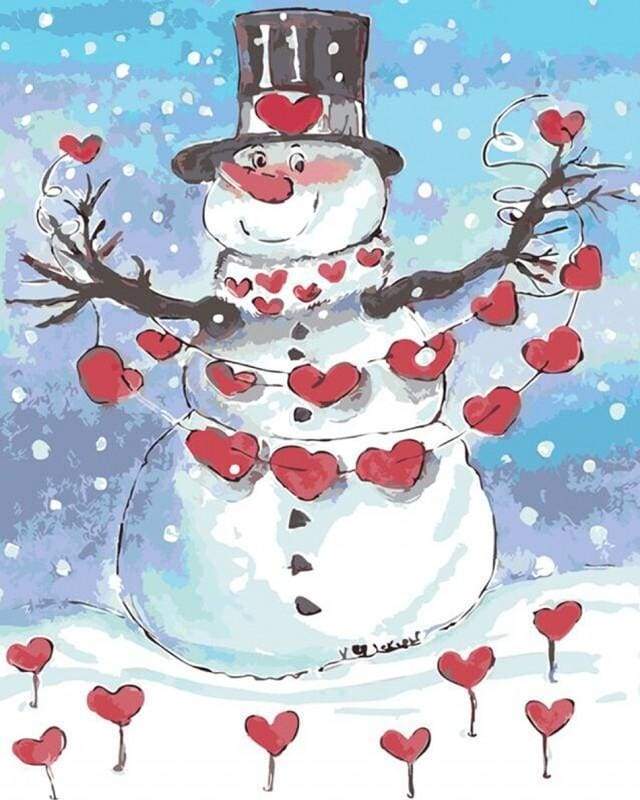 Snowman and Red Hearts